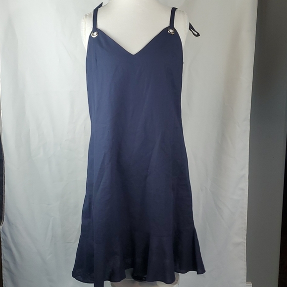 GIANNI BINI NAVY GROMMET FLOUNCE HEMLINE LINEN BLEND DRESS SIZE LARGE - Picture 3 of 10